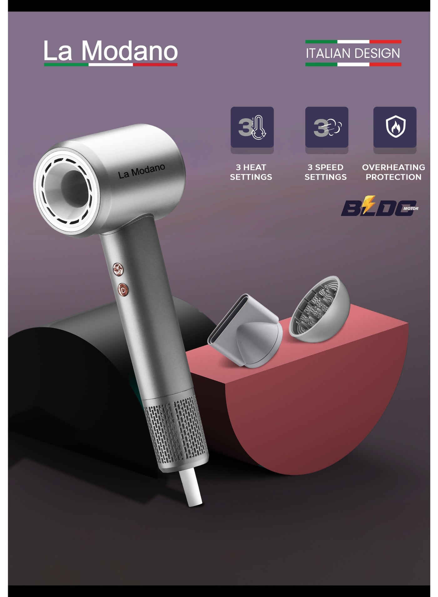 La Modano Professional Hair Dryer 1500W with Diffuser Fast Drying, BLDC Motor 110000RPM,  3 Speeds & Heat Settings  LMHD955