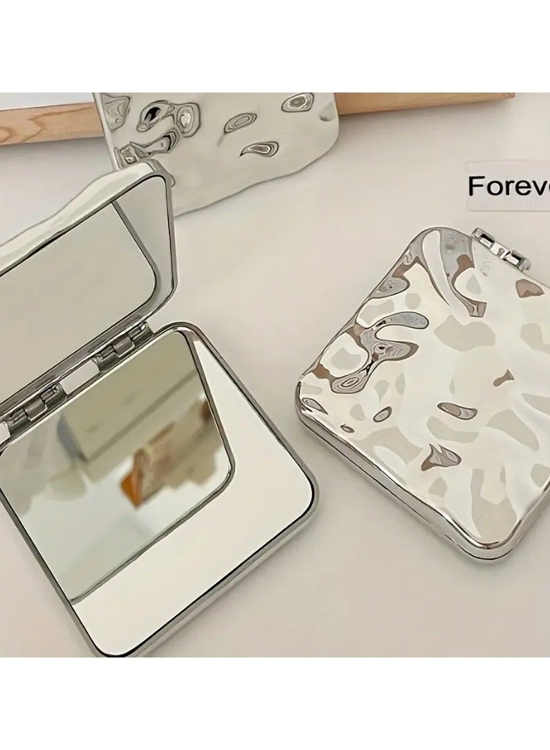 Wave Pattern Silvery Portable Handheld Makeup Mirror