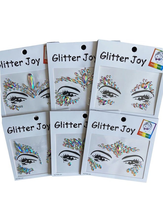 Face Gems Jewels, Festival Face Jewels Tattoo Stickers, Body Gems Stick on Face, Body Gem Temporary Face Tattoos for Festival, 6-Pack,AB-Color