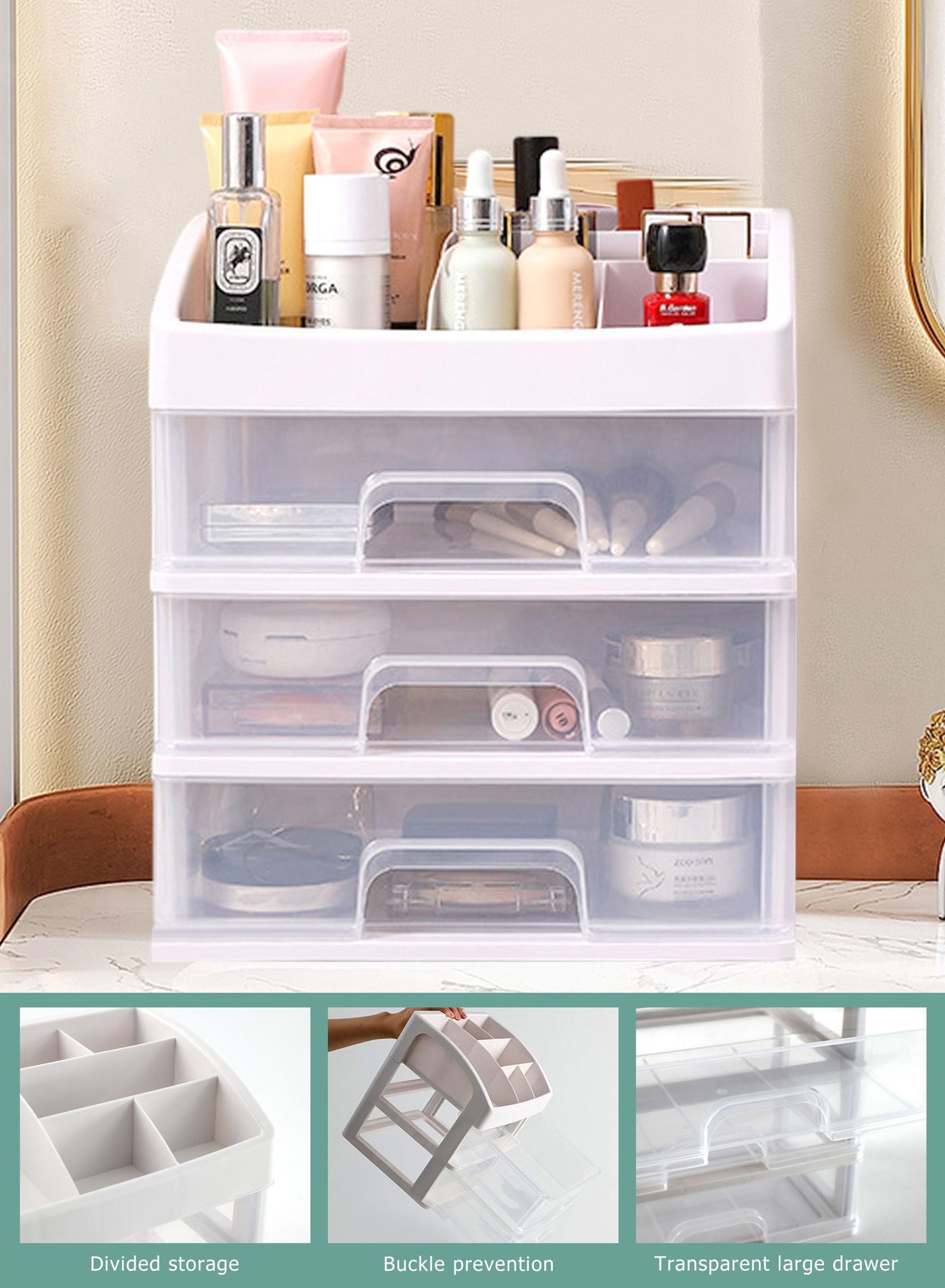 Makeup Organizer with 3 Drawers,Bathroom Vanity Countertop Storage Cosmetic Display Cases Makeup Storage Box for Skin Care, Eyeshadow, Brush, Lipstick, Powders, Nail Polish Great for Dresser, Bedroom