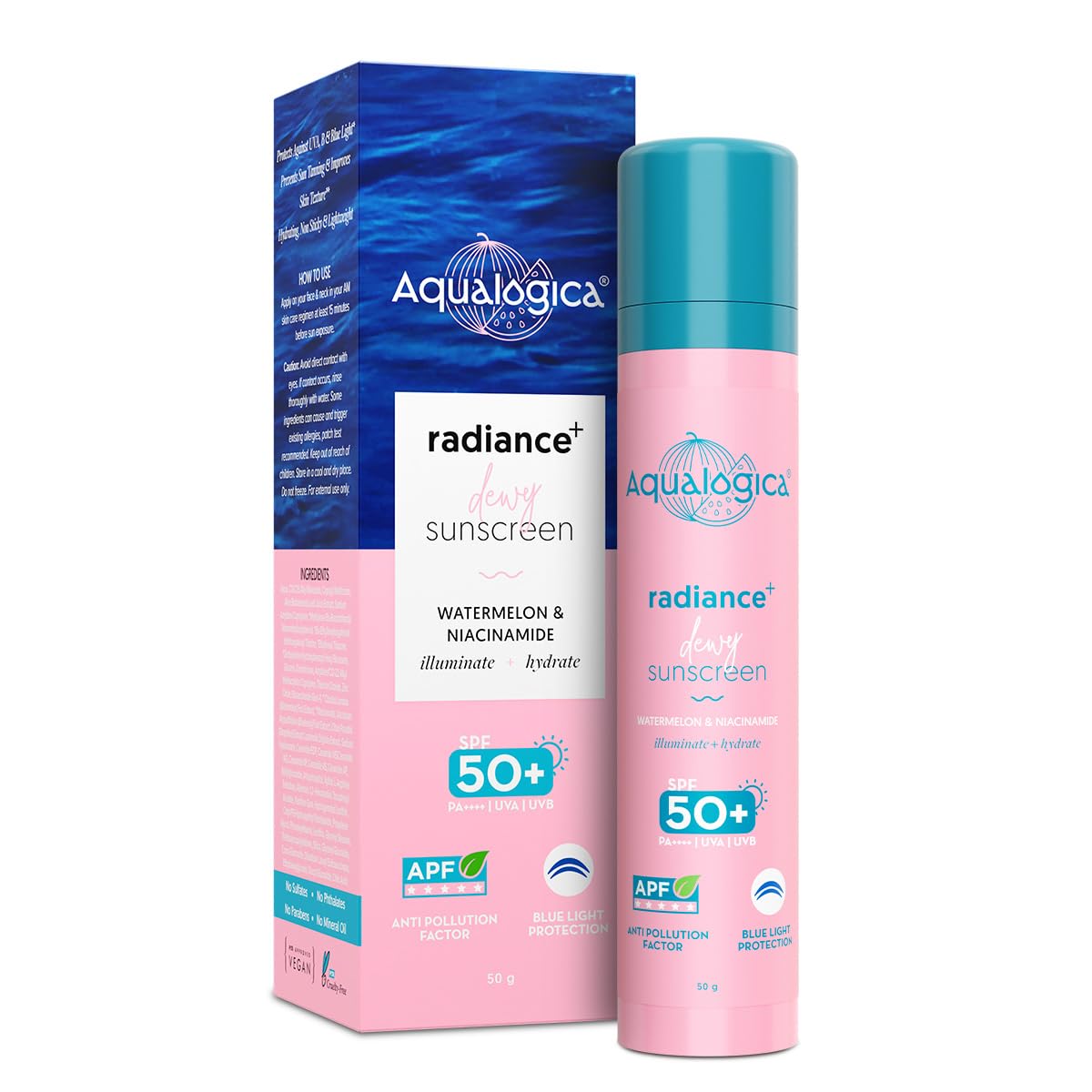 Aqualogica Radiance+ Niacinamide SPF 50 Sunscreen with PA+++ for UVA/B & Blue Light Protection | Sun & Device Screen Light Protector | Lightweight & Fragrance-Free | 1.76 Oz/50g