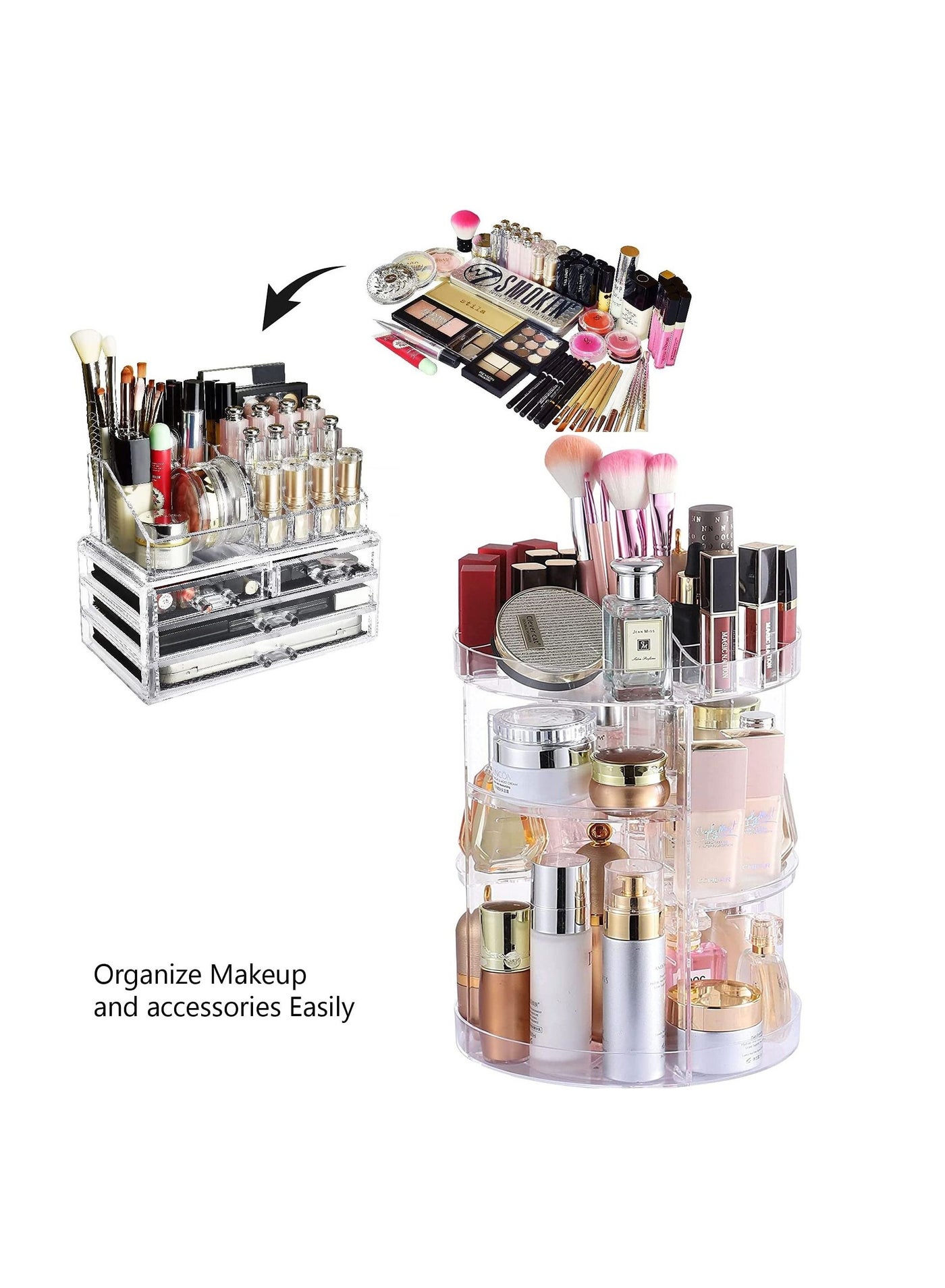 Acrylic Cosmetic Make Up Storage Drawers Organizer for Vanity and Bathroom Stackable Cosmetic Organizer Countertop with 4 Drawers With 360 Rotating 2Pc