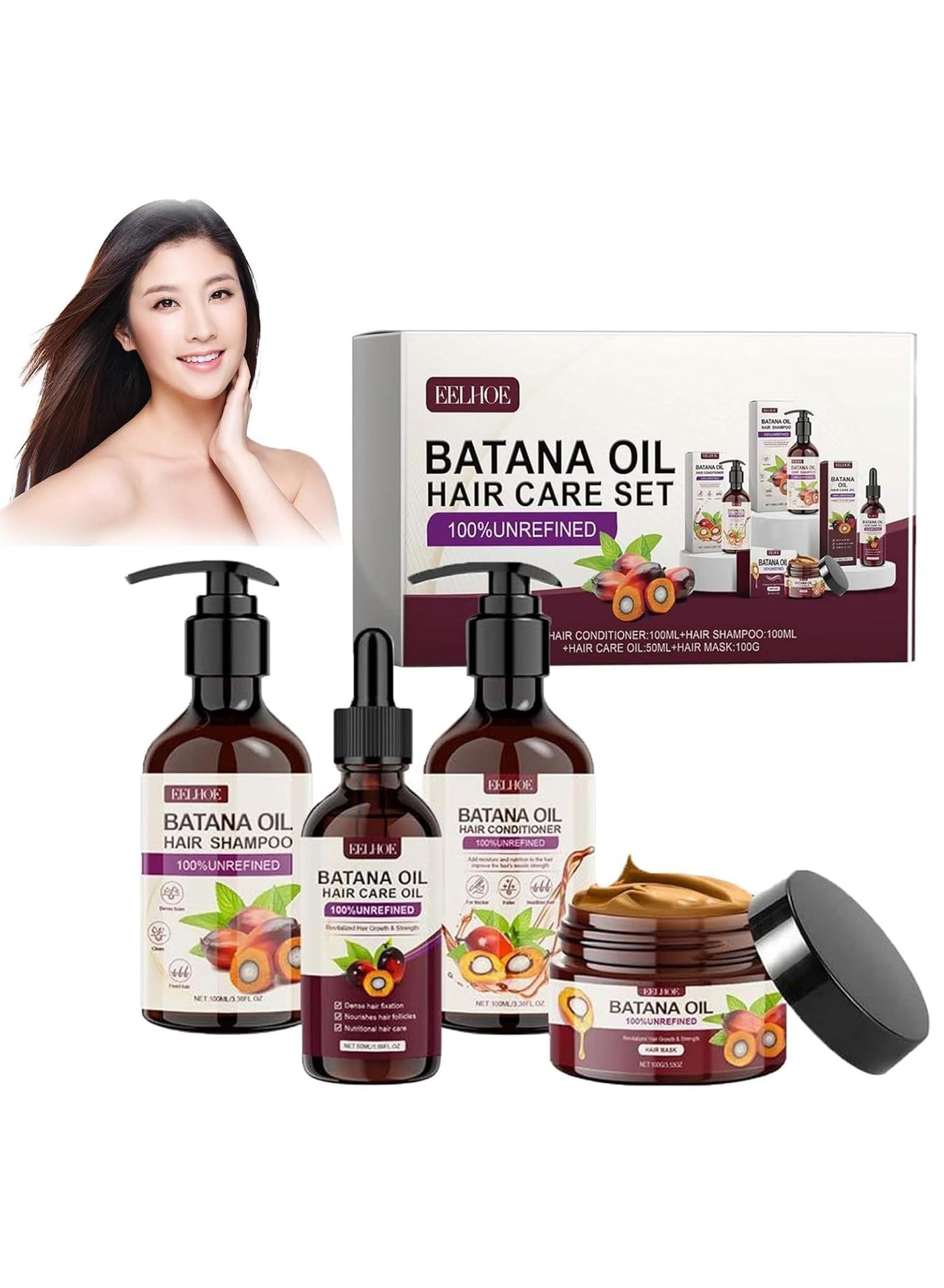 Batana Oil Volumizing Shampoo And Conditioner Set, Hair Care Repairs Anti-frizz, Deep Nourishes Scalp, Smooth Hair Travel Set Include Shampoo Conditioner Hair Mask Hair Oil (4pcs)