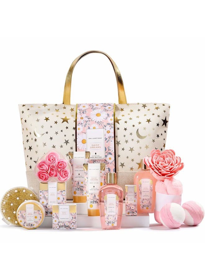 Gift Baskets for Women - Spa Luxetique Womens Gifts, 15pcs Daisy Spa Gift Sets with Bubble Bath, Body Butter, Hand Cream and Tote Bag, Birthday Gifts for Mom, Mothers Day Gifts for Mom