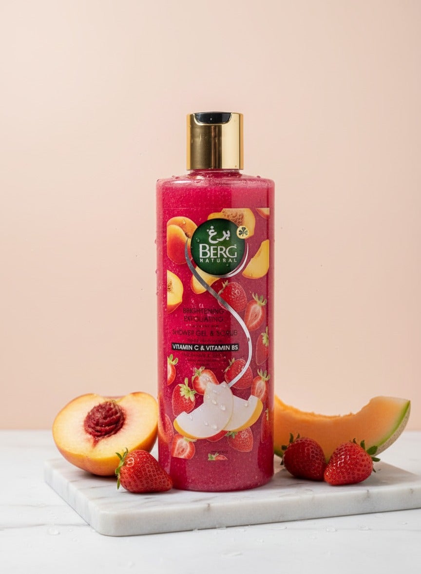 Berg Natural Peach & Strawberry Exfoliating Shower Gel & Scrub – Vitamin B₅ & C for Soft, Radiant Skin (500 ml)