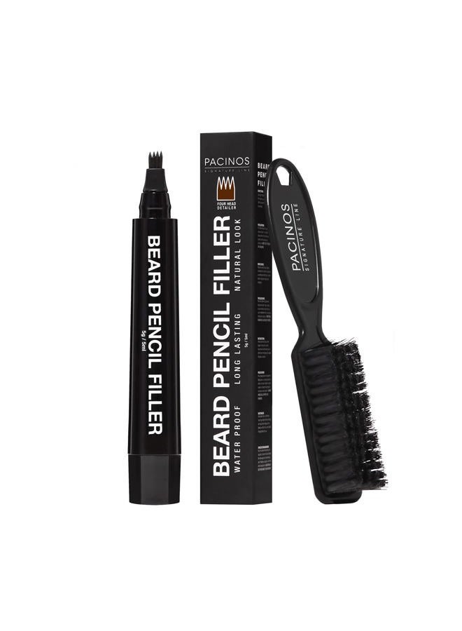 Beard Pencil Filler - Water Proof, Long Lasting Coverage & Natural Finish - Beard, Moustache & Eyebrows - Micro-Fork Tip for Seamless Application - Includes Bristle Brush for Blending (Black)