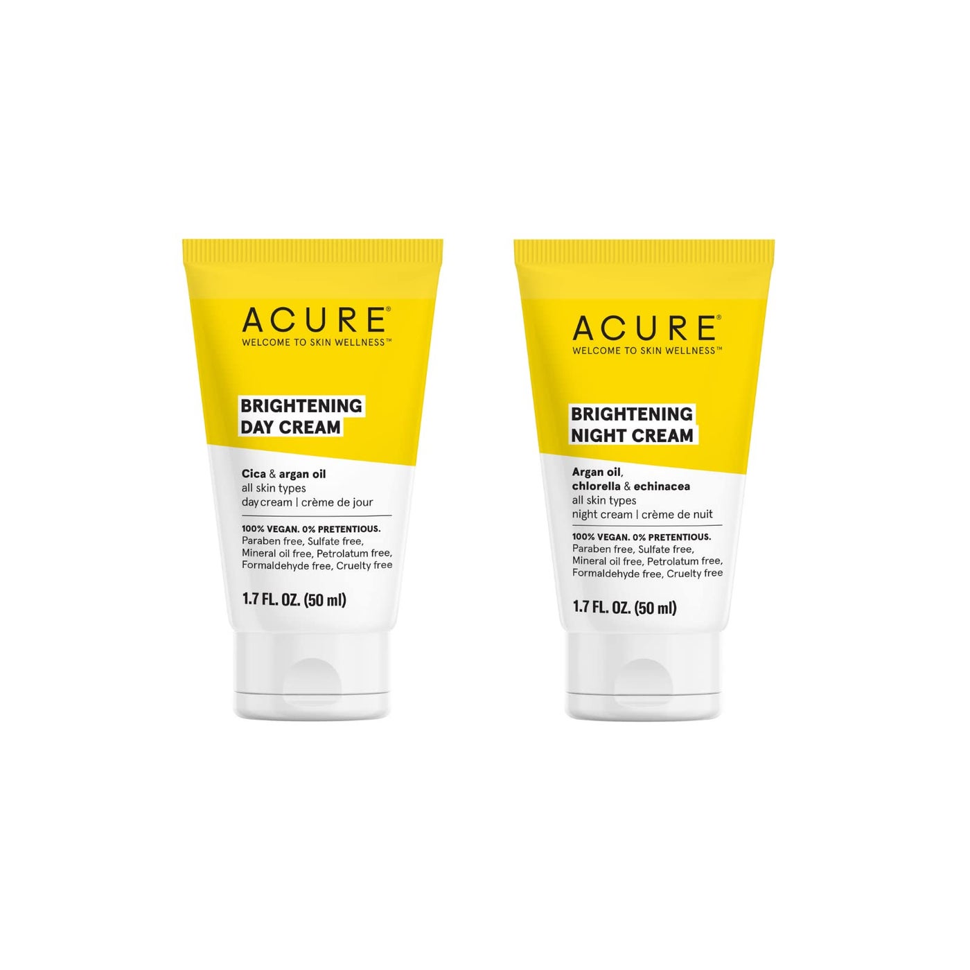 Acure Brightening Day & Night Cream Set - Daily Cica Cream & Night Face Cream for Women & Men with Argan Oil, Hydrate, Refresh, Tone & Brighten Skin, Cruelty Free, Vegan - 1.7 fl oz (2 Pack)