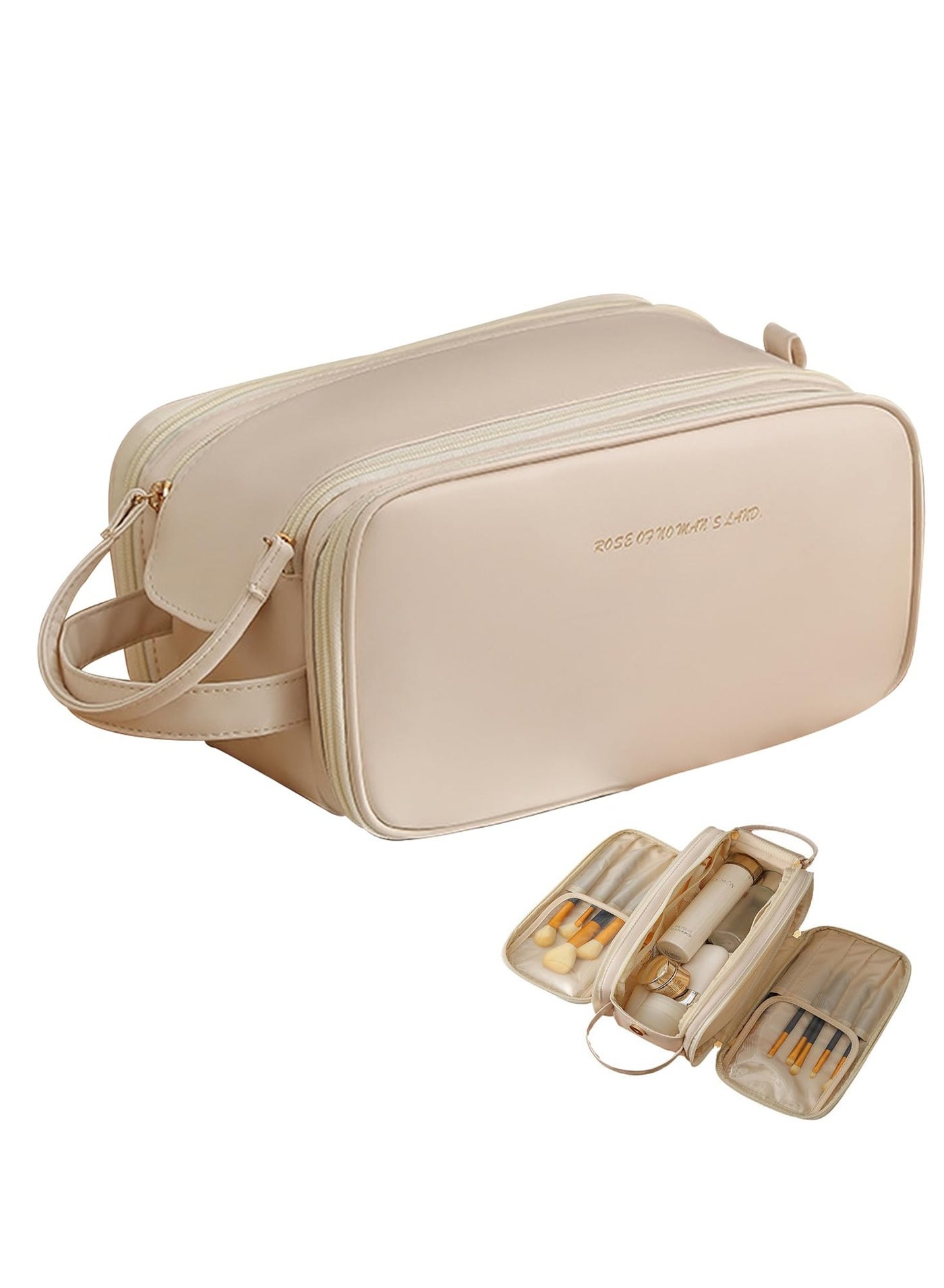 Travel Bag for Toiletries, Large Capacity Cosmetic Organizer, Portable Cosmetic Pouch, Waterproof Open Flat Toiletry Bag Make up Organizer Bag, Portable Travel Makeup Bag (White)
