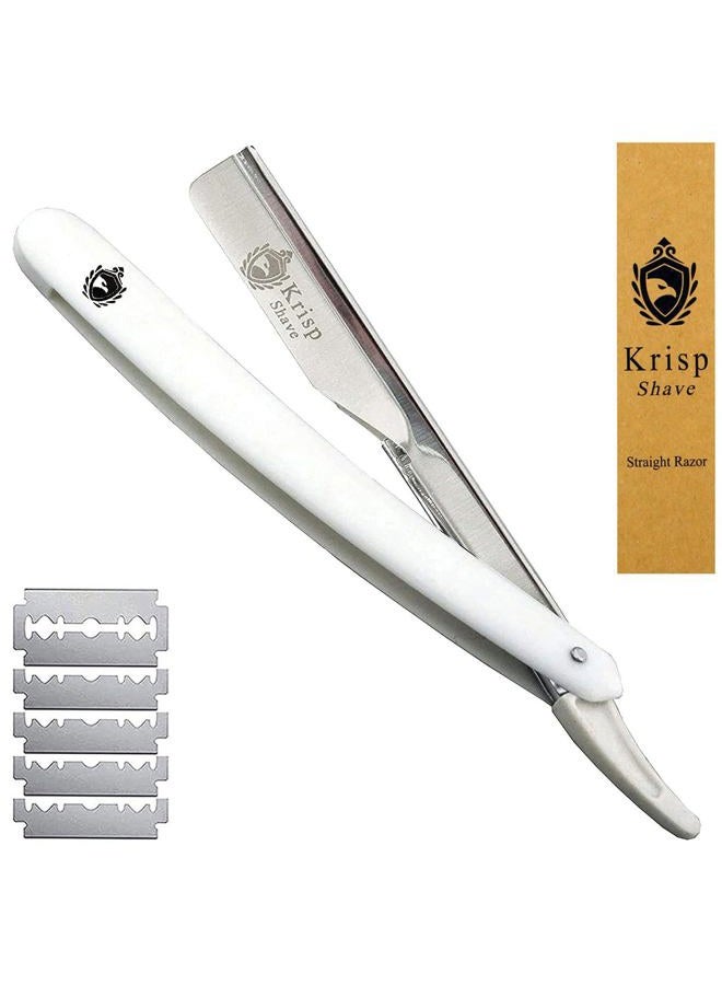 Professional Straight Razors For Men - Barber Razor Straight Edge Razor Kit For Close Shave - Beard Cut Throat Safety Razor Navajas Para Barbero Shavette - 10 Shaving Blades By Krisp Beauty White