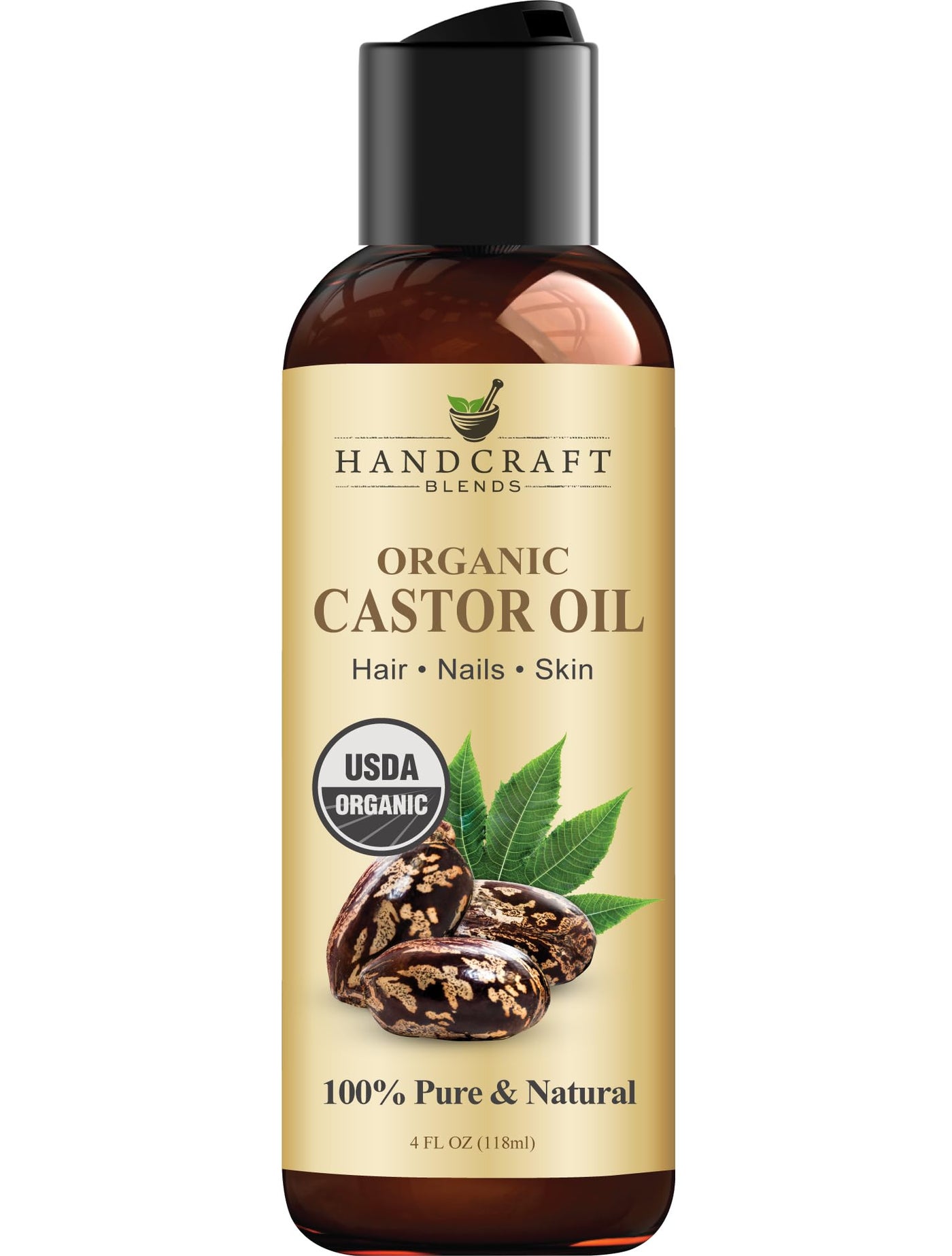 Handcraft Blends Organic Castor Oil 4 Fl Oz | 100% Pure and Natural | Premium Grade Carrier Oil | Hair, Eyelashes and Eyebrows | Hair and Body | Expeller-Pressed | Hexane-Free