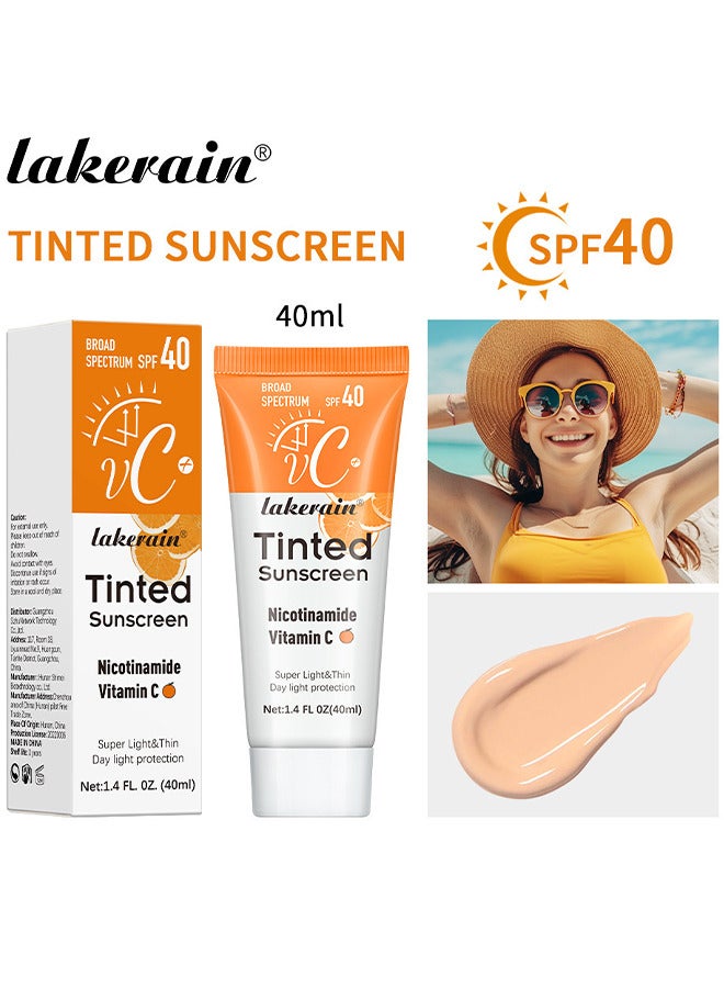 Vitamin C Tinted Sunscreen, SPF 40 Hydrating Mineral Sunscreen, Sheer Tint For Healthy Glow, Suitable For Sensitive Skin, 40ML