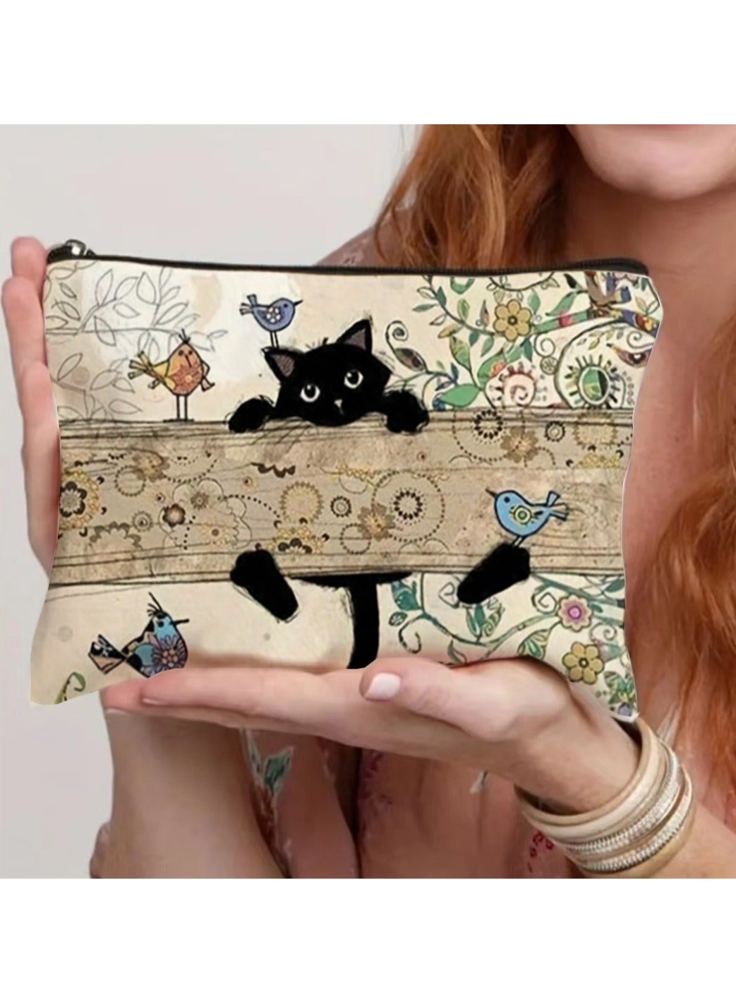 Charming Retro Cat & Floral Cosmetic Bag - Durable Zipper, Portable Polyester Makeup Pouch for Women, Ideal Gift - 22.0×18.0 cm