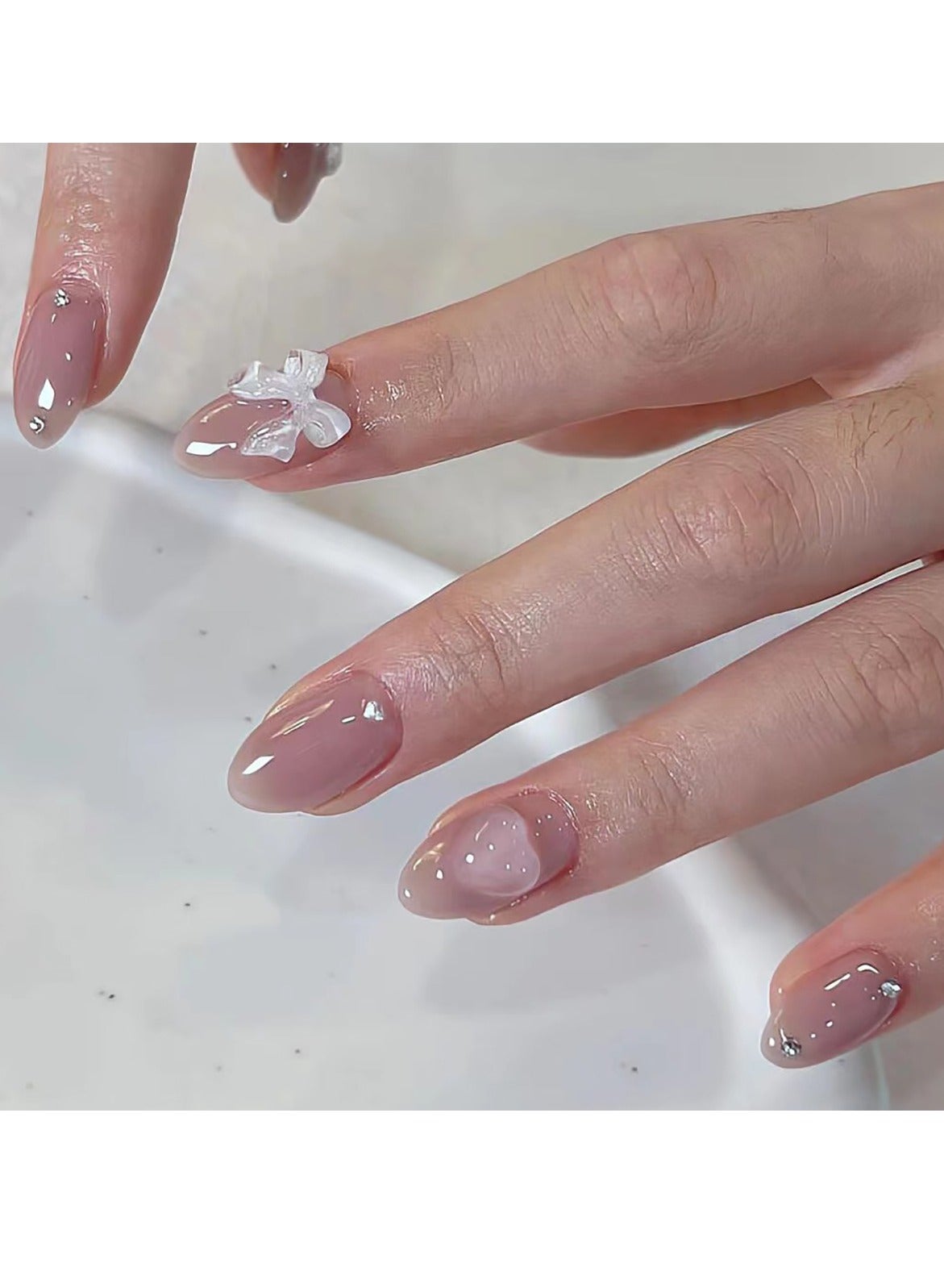 French Tip Press on Nails,Nude Pink Solid Color Wearable Nails with White Bow and Heart,24Pcs,Fake Acrylic Nails With Glue Kit.