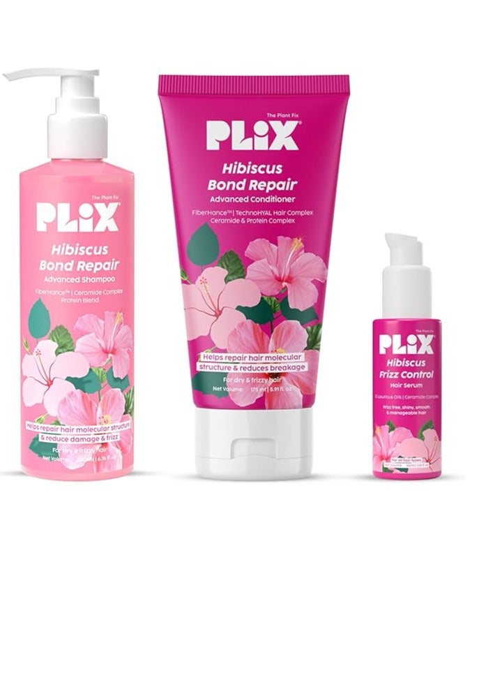 Hibiscus Frizz Control Hair Serum 50ml + Bond Repair Shampoo 200ml + Conditioner 175ml Protects & Smoothes Frizzy Hair3x Strength with Fiberhance