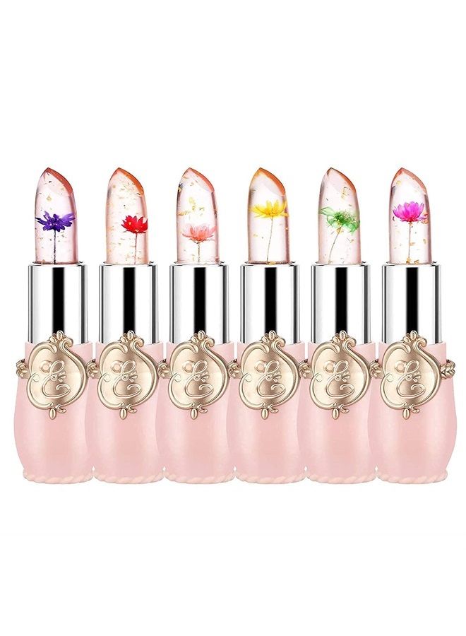 Pack of 6 Crystal Flower Jelly Lipstick, Long Lasting Nutritious Lip Balm Lips Moisturizer Magic Temperature Color Change Lip Gloss (Pink)