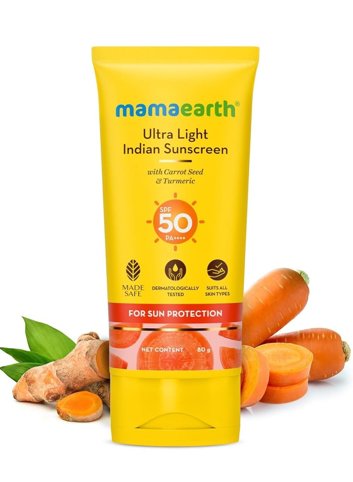 Mamaearth Ultra Light Indian Sunscreen Cream with Carrot Seed, Turmeric and SPF 50 PA+++ (80ml)