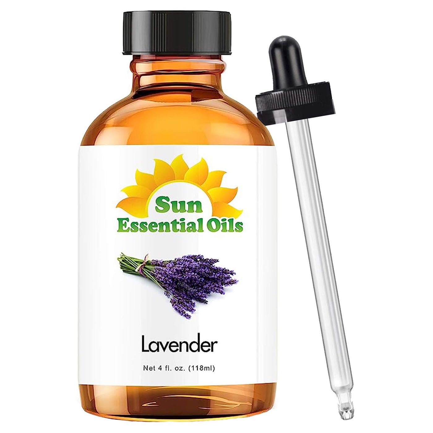 Sun Essential Oil - Lavender Essential Oil 4 oz (118 ml) with Dropper for Diffuser, Humidifier, Skin, Aromatherapy Massage, Scented for Soap & Candle Making at Home, Calming Aroma for Sleep