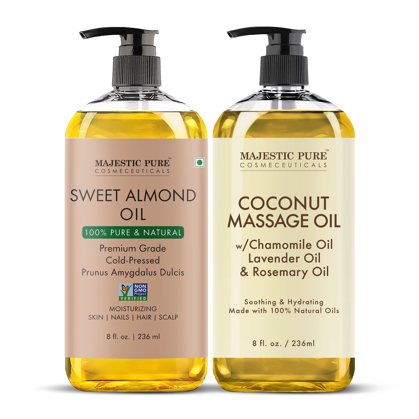 Pack of 2 Organic Almond Body Oil 236 ML Large and Coconut Massage Oil - 236 ml Suitable for All Skin Types - Men & Women