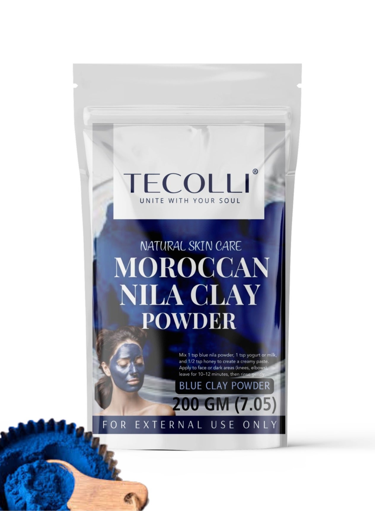 Tecolli Original Moroccan Blue Nila Clay Powder 200g – Pure & Natural Face Mask for Skin Brightening, Purifying, and Whitening