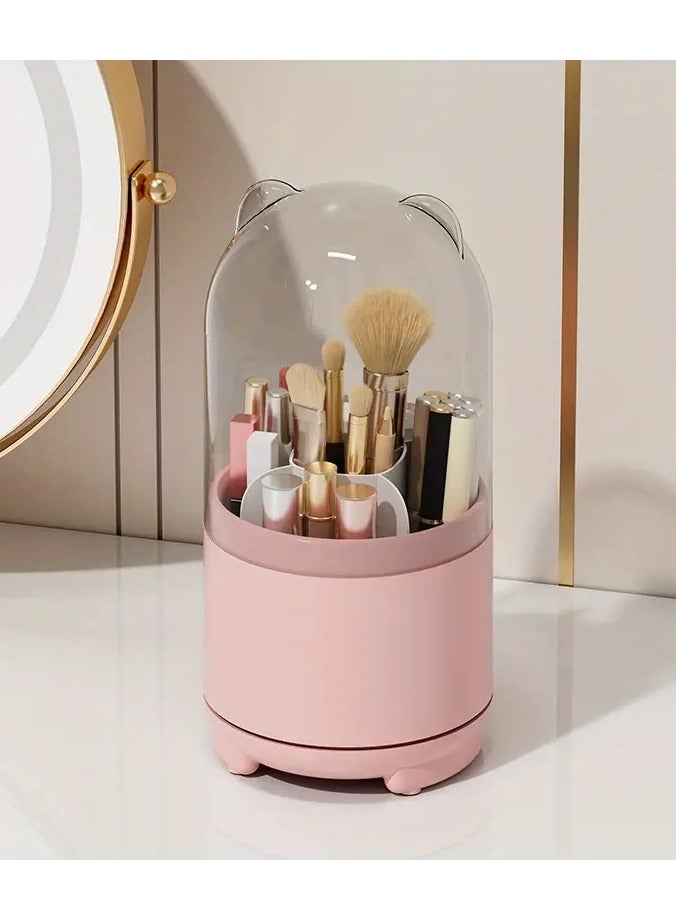 Bear Designed Makeup Brush Holder with Dustproof Cover Rotating Organizer for Vanity Bathroom and Countertop Clear cover for easy Storage and access - PINK