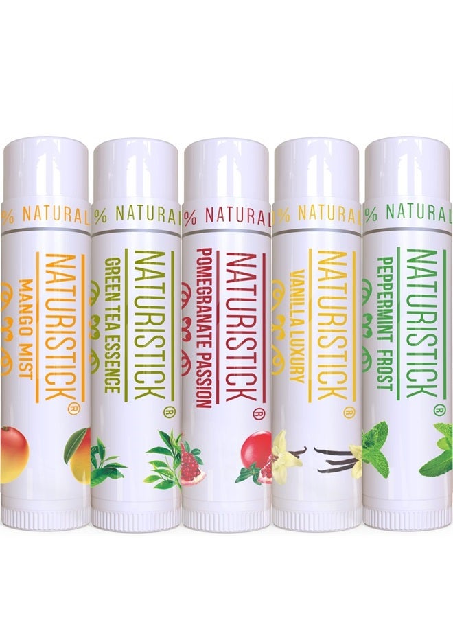 5-Pack Lip Balm Gift Set by Naturistick. Assorted Flavors. 100% Natural Ingredients. Best Beeswax Chapsticks for Dry, Chapped Lips. Made in USA for Men, Women and Children