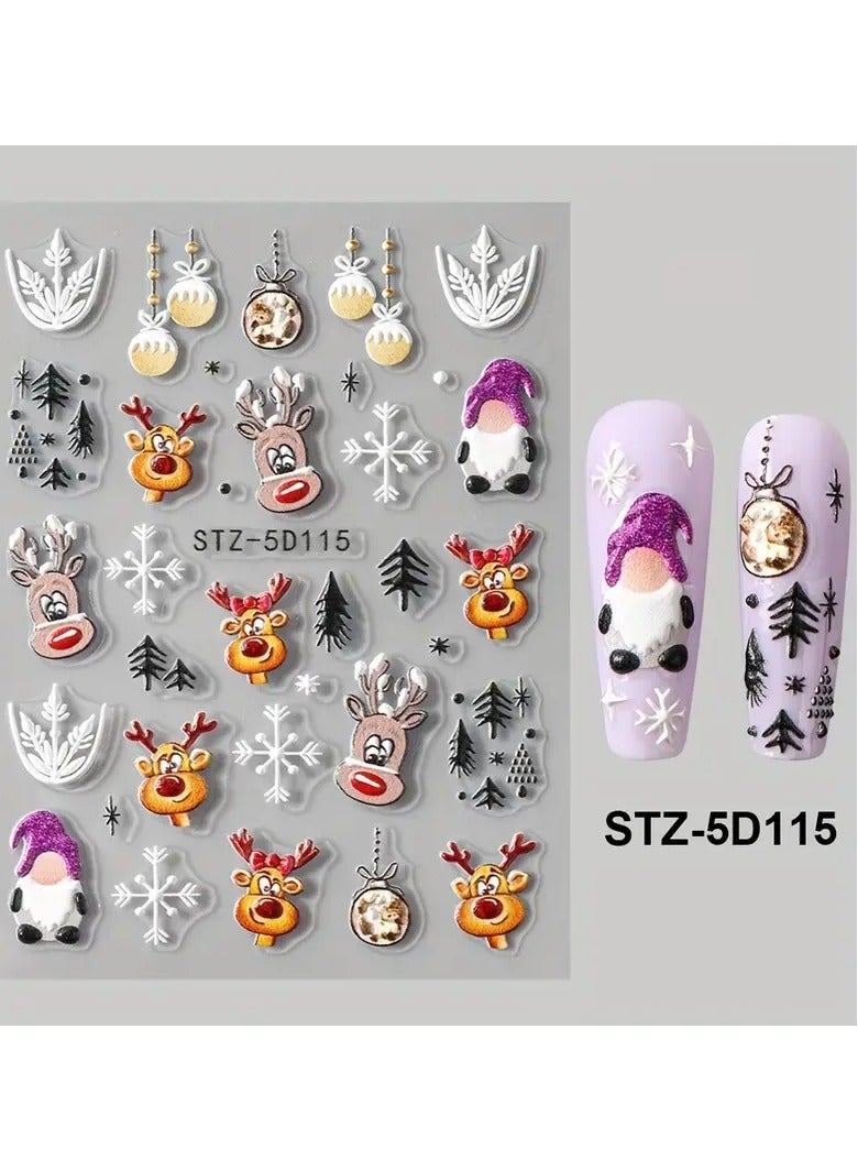 5D Embossed Christmas Nail Stickers Cartoon Elk Santa Claus Snowflake Designs Self-Adhesive Festive Nail Art Decals Decoration