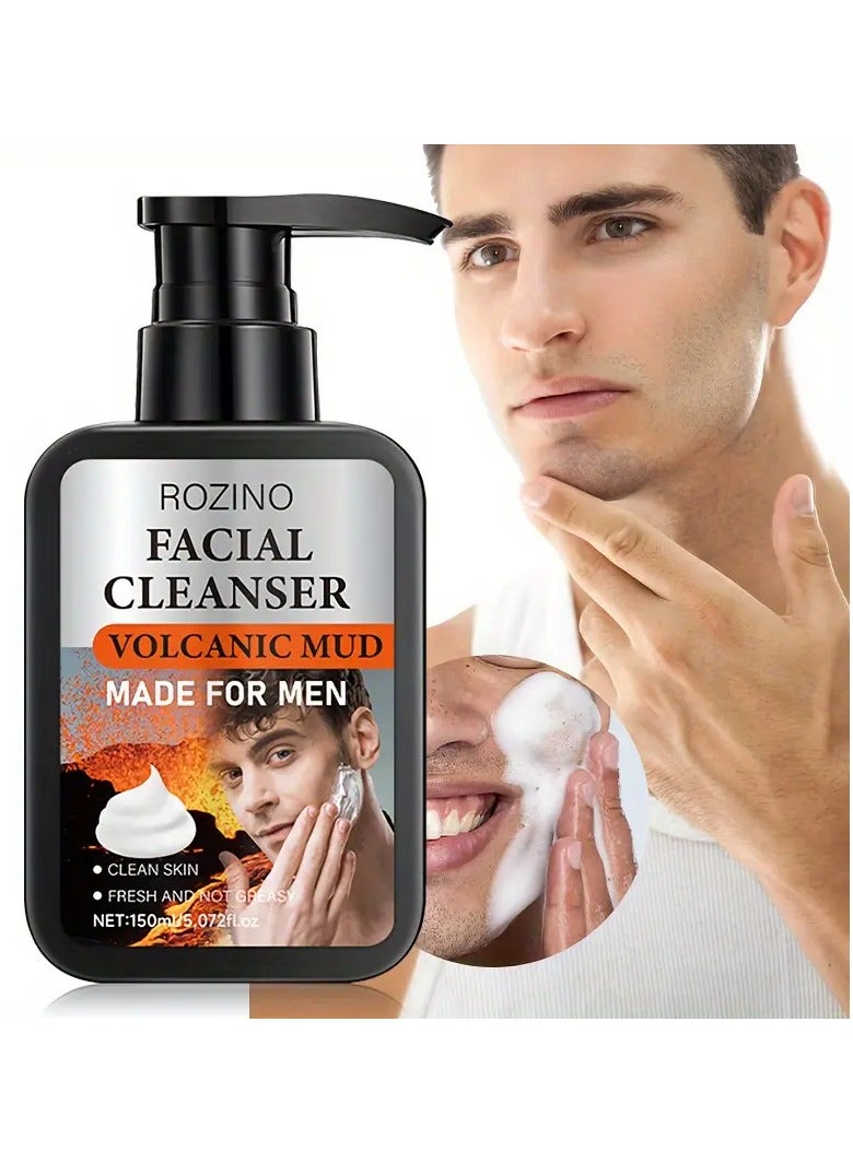 ROZINO Facial Cleanser - Volcanic Mud Made for Men - Deep Cleansing, Smooth Skin, Even Skin Tone, Moisturizing, Paraben Free, Hyaluronic Acid, Fresh Scent, All Skin Types, Glycerol, Unisex Adult, Gel Form
