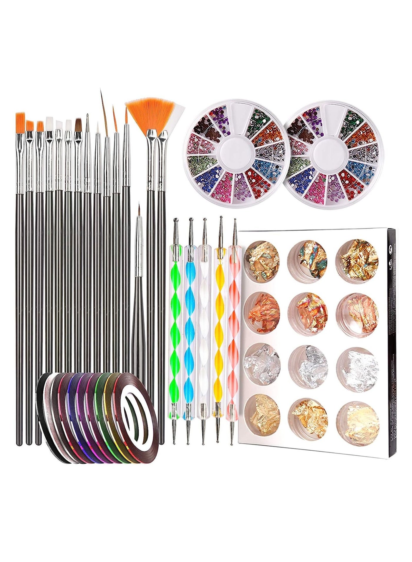Teenitor Stamp Nail Art Tool with 15pcs Nail Painting Brushes, Nail Dotting Tool, Nail Foil, Manicure Tape, Color Rhinestones for Nails-Black