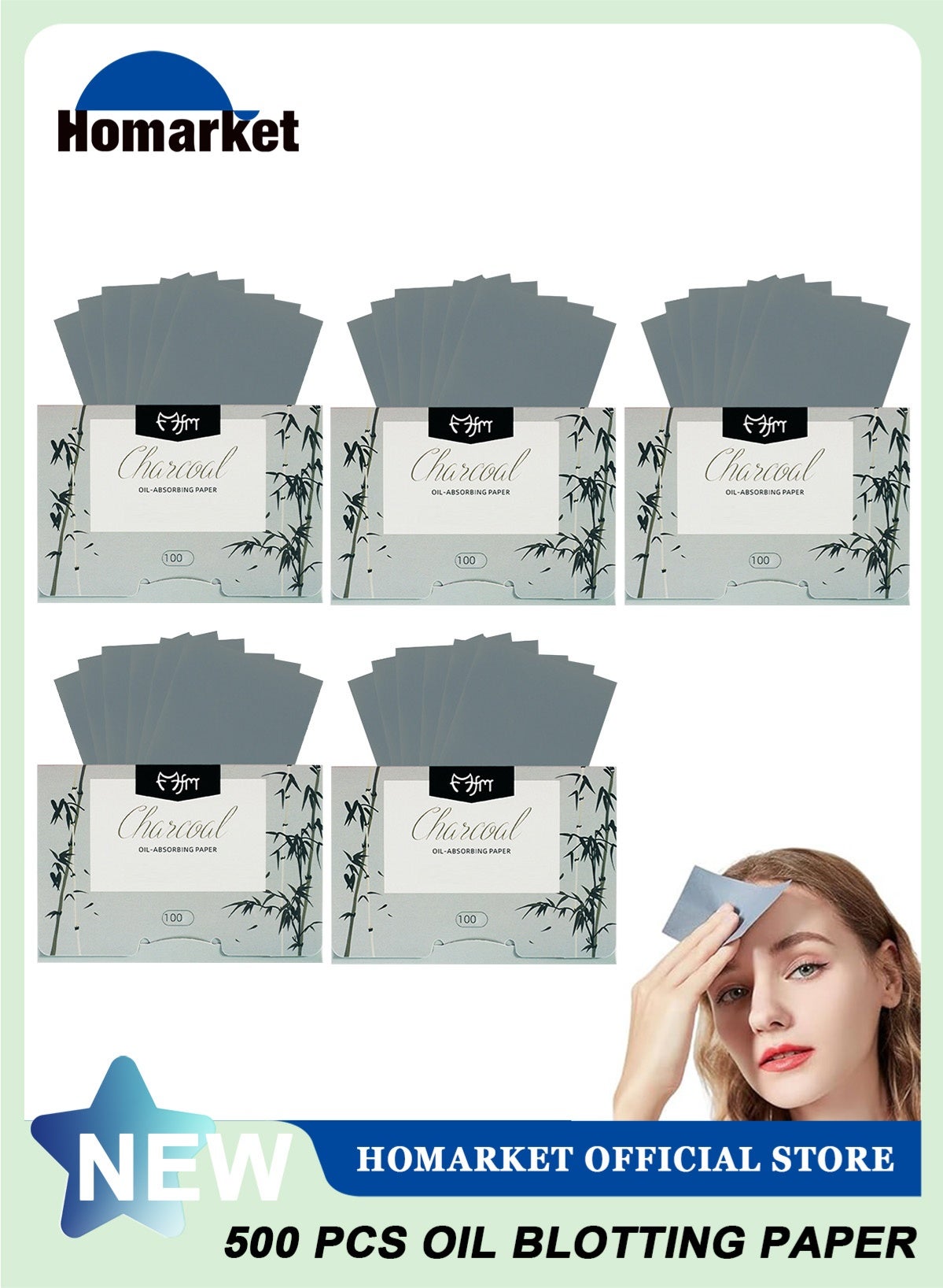 Natural Oil Blotting Sheets for Face with Bamboo Charcoal - 25% Larger - 5 Pack/Total 500PCS Makeup Friendly Oil Absorbing Sheets for Face - Easy Dispensing Blotting Papers
