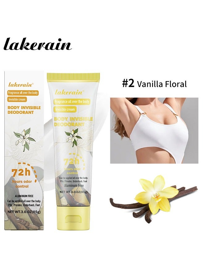 72h Hours Odor Control - 85g Body Invisible Deodorant Cream Vanilla Floral Whole Body Fragrance Deodorant Natural Scented Skin Safe for Armpit Privates and Other Parts Odour Control Cream
