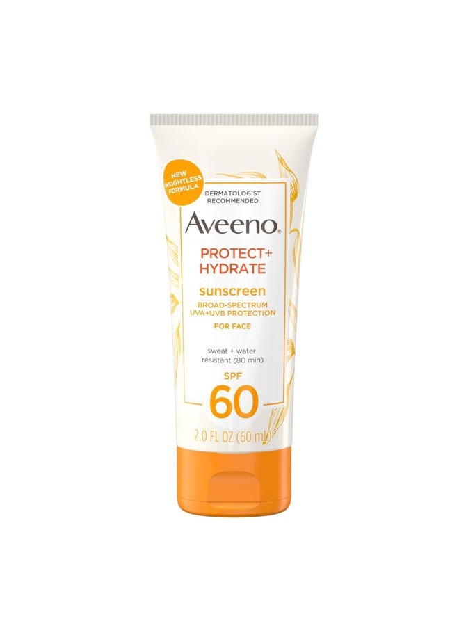 Protect + Hydrate Sunscreen Moisturizing Face Lotion with Broad Spectrum SPF 60 and Prebiotic Oat, Paraben, Phthalate, Oxybenzone and Oil Free Sunscreen for Sensitive Skin, 2.0 FL OZ