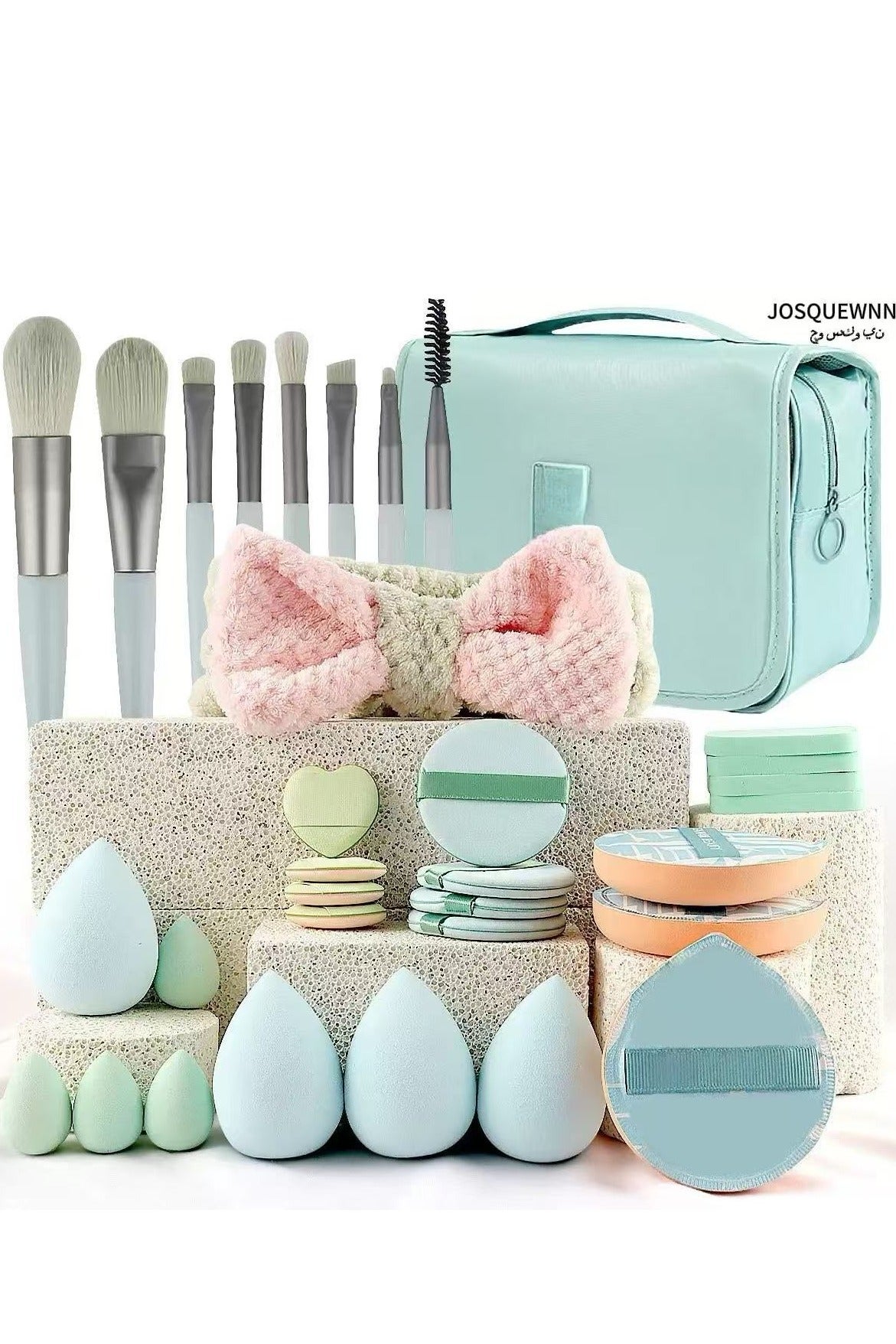 Makeup Brush Set 33Pcs Makeup Tool Set, Premium Synthetic Foundation Powder Concealers Eye Shadows Blush Makeup Brushes Powder Puff, Green, 33 Piece Set.