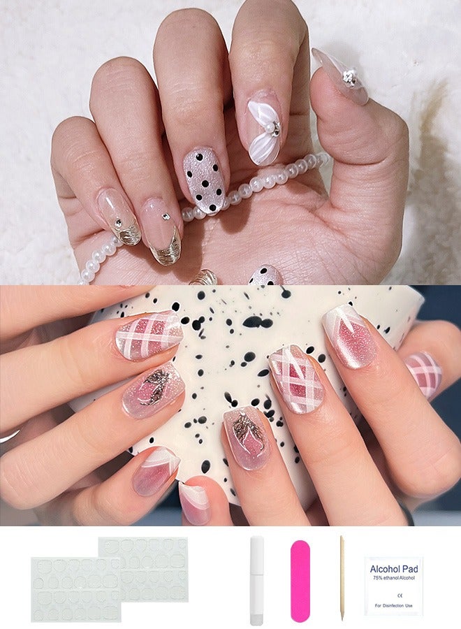 Press On Nails 20pcs，10pcs French style grid Cat Eye Nail Art，10Pcs Sweet Girl polka dot Nail Art，with glue kit and Disposable Press on Nail Tool Kit.