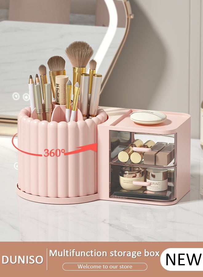 Makeup Organizer, Large Capacity Skin Care Product Organizer with 2 Drawers, With Rotating Makeup Brush Holder Organizer, Bedroom Dresser Bathroom Vanity Countertop Cosmetic Organizer