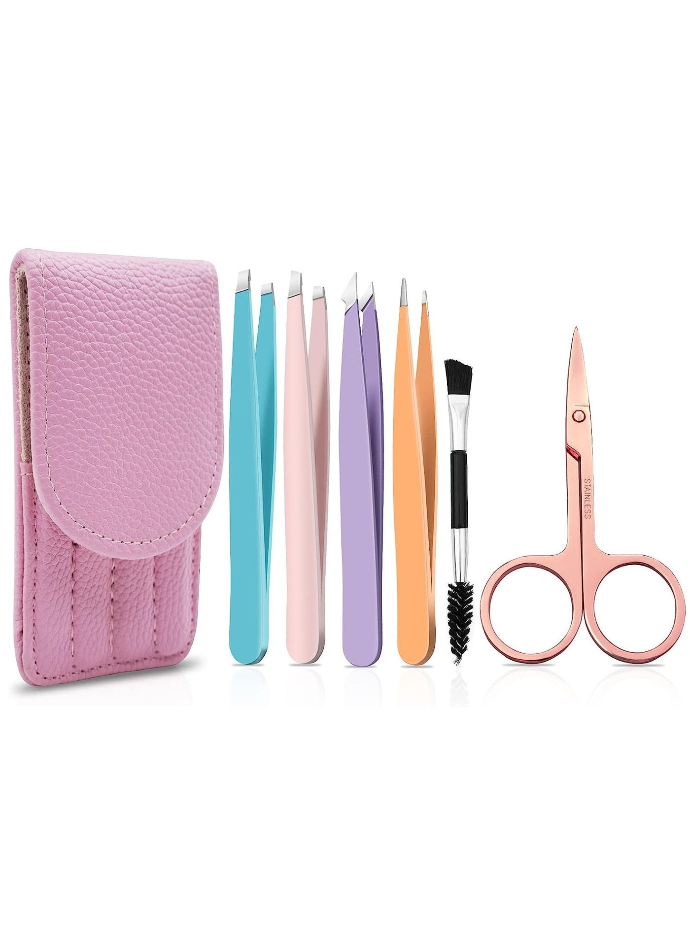 Tweezers Set-6 Pieces Professional Stainless Steel Tweezers with Leather Case for Women and Men Slanted and Pointed for Eyebrows