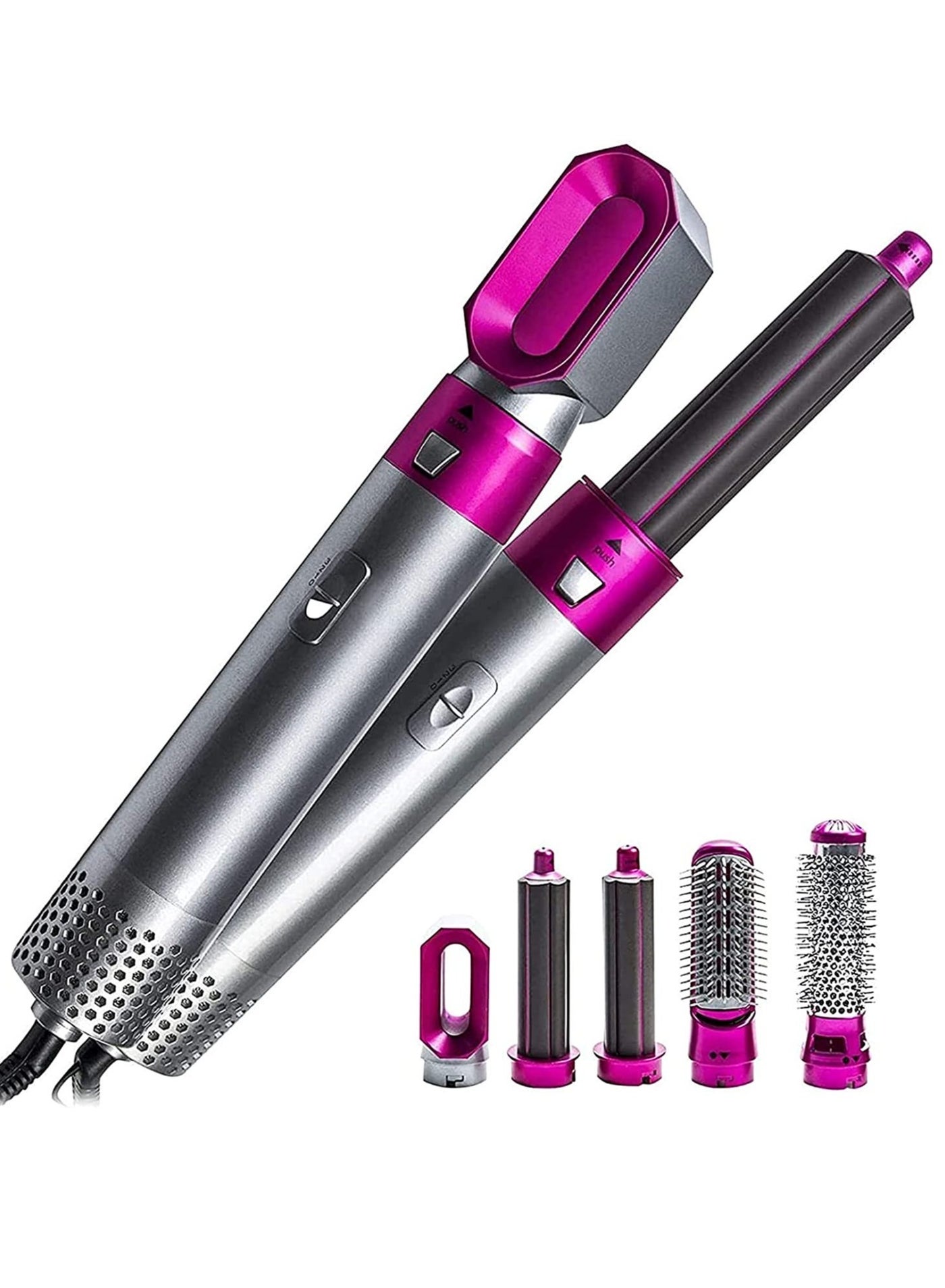 Electric Professional 5 in 1 Hair Dryer Negative Ions Blower 3 Temperature Levels Detachable Rotating Hot Air Brush Styler with Straightener Volumizer Curler Combing (Purple And Grey)