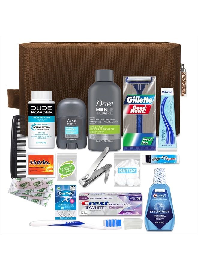 Men's Premium 20-Piece Kit with Travel Size TSA Compliant Essentials, Featuring: Dove Men & Care Products in Brown Dopp Bag