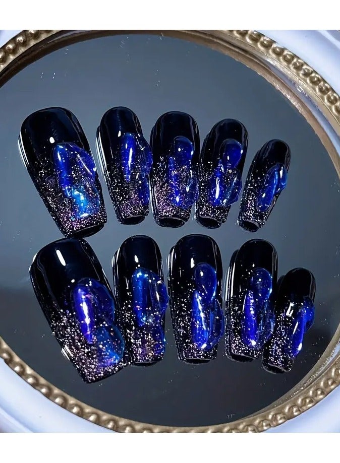 10pcs Handmade Wearable Nail Heavy Industry Gradient Hand-painted Spring Flash Diamond Girl Reusable with Tool Kit Pure Handmade Wearable Nail Manicure - LARGE