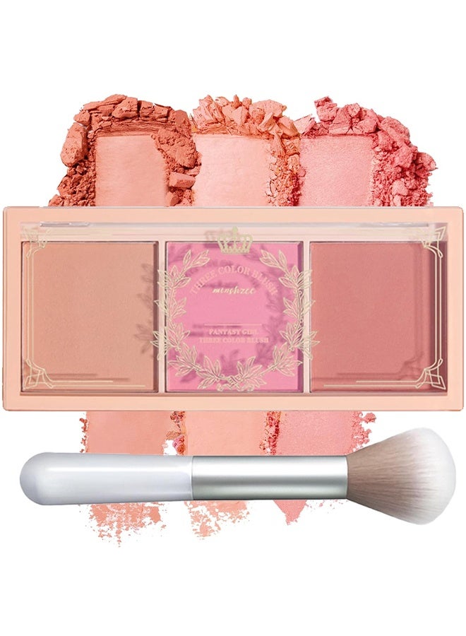 Dream Girl Three Color Blush Tray,3 Color Matte Pink Blush Palette with Brush, Long Lasting Cheek Makeup, Smooth and Light Blush Powder for Face Beauty-#01