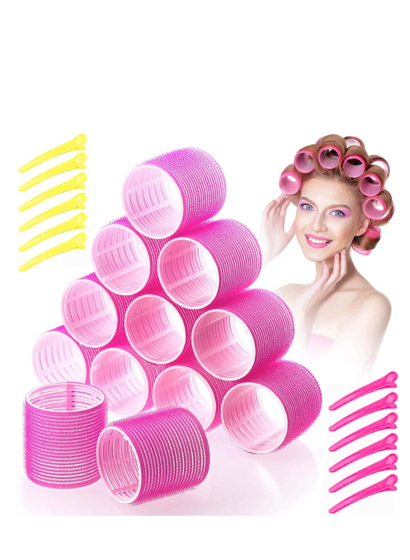 24Pcs Jumbo Hair Rollers Set, 12 Pcs Self Grip Holding Large Hair Rollers Curlers 55 x 63 mm & 12 Pieces Duckbill Sectioning Clips for Salon Barber Hairdressing, Hair Styling Rollers, Hair Accessories