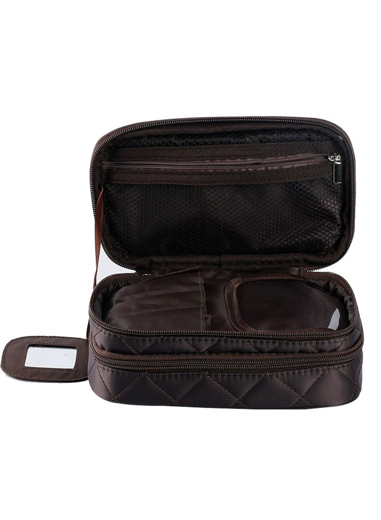 Double Layer Travel Makeup Bag With Carry Handle - Organize Brushes, Tweezers, And Eyeliner In Style - Brown