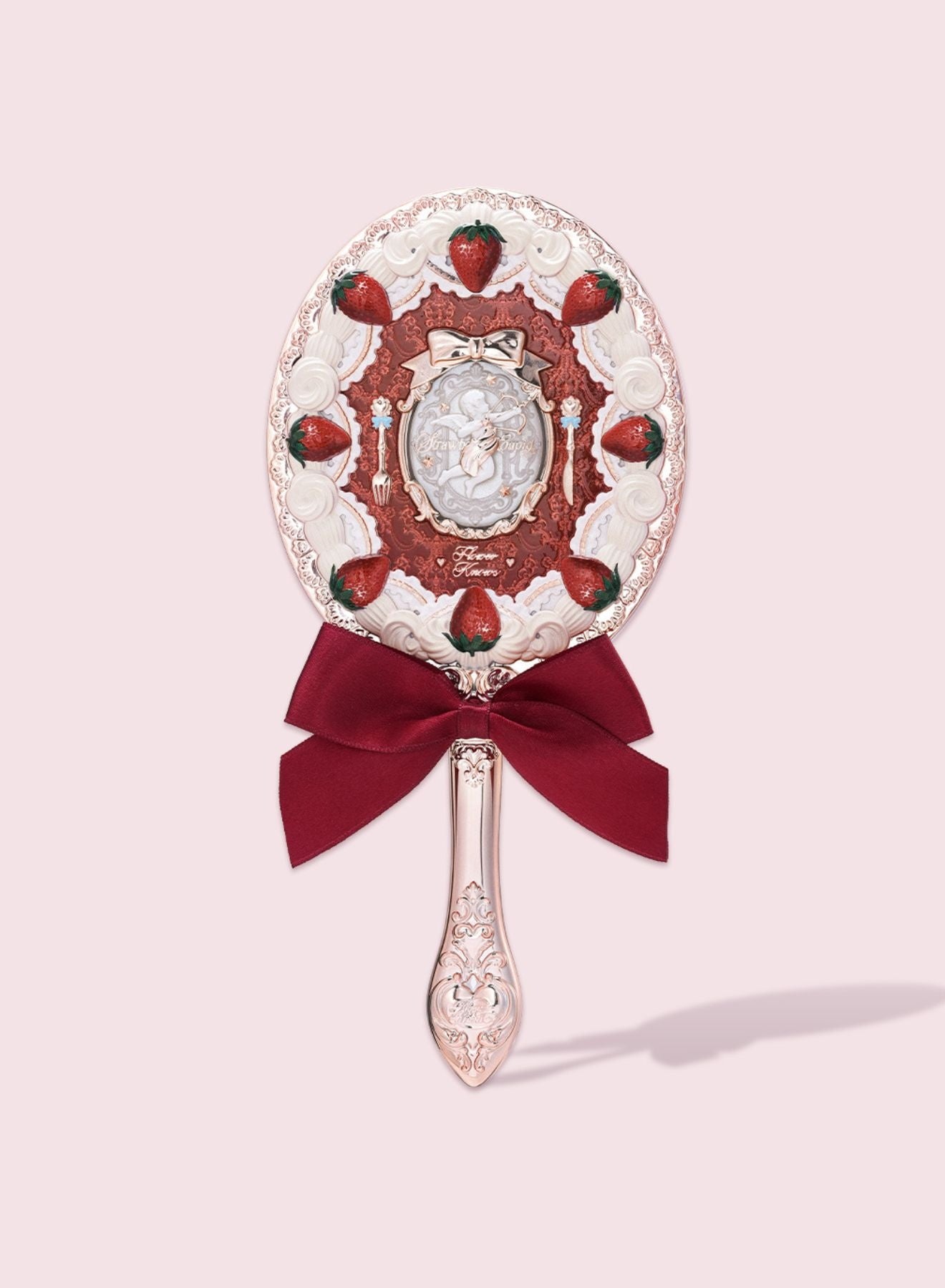 Flower Knows Strawberry Cupid Hand Mirror – Vintage Princess Makeup Mirror with Long Handle, Fancy Handheld Mirror for Women & Girls(Red Velvet)