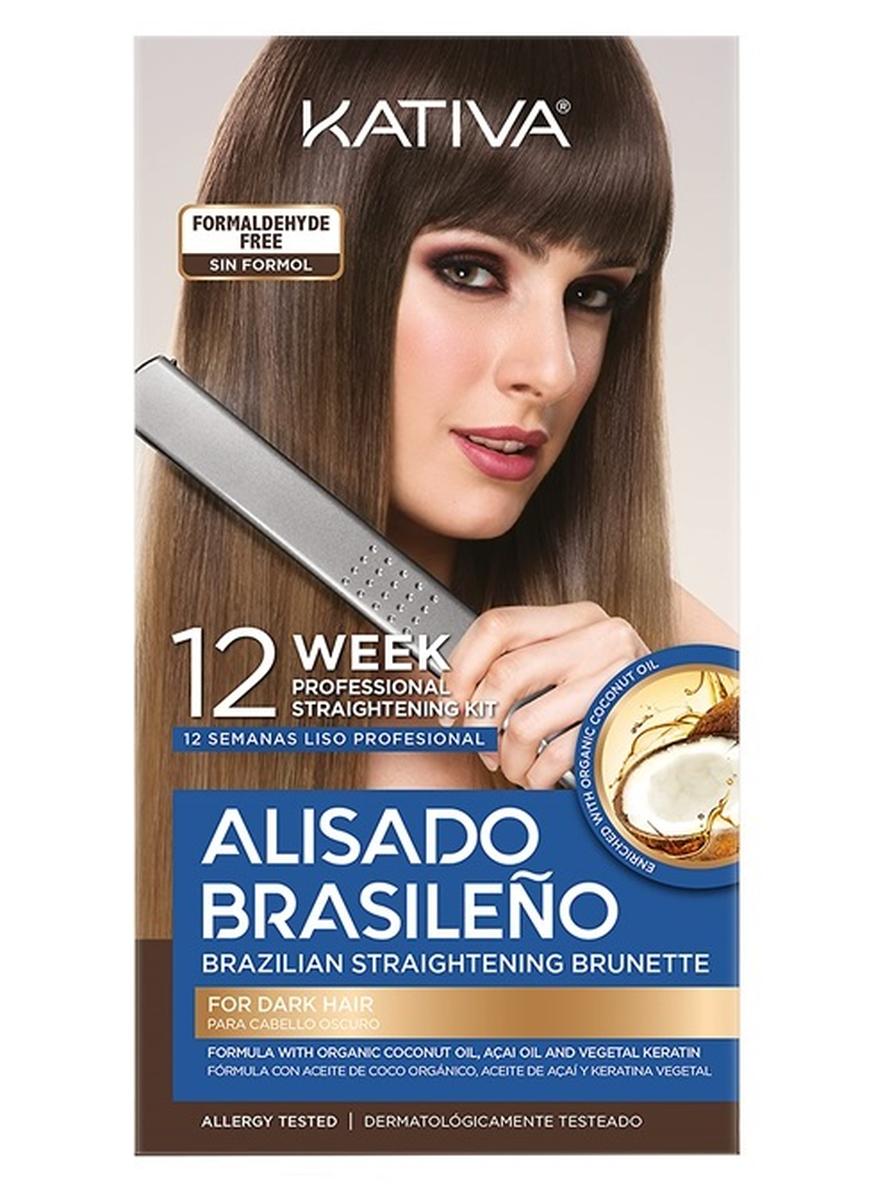 Kativa Brazilian Straightening Brunette Kit, 12 Weeks of Home Use Professional Straightening, with Organic Coconut Oil, Açai Oil, and Keratin, for Straighter, Softer and Shinier Dark-Coloured Hair