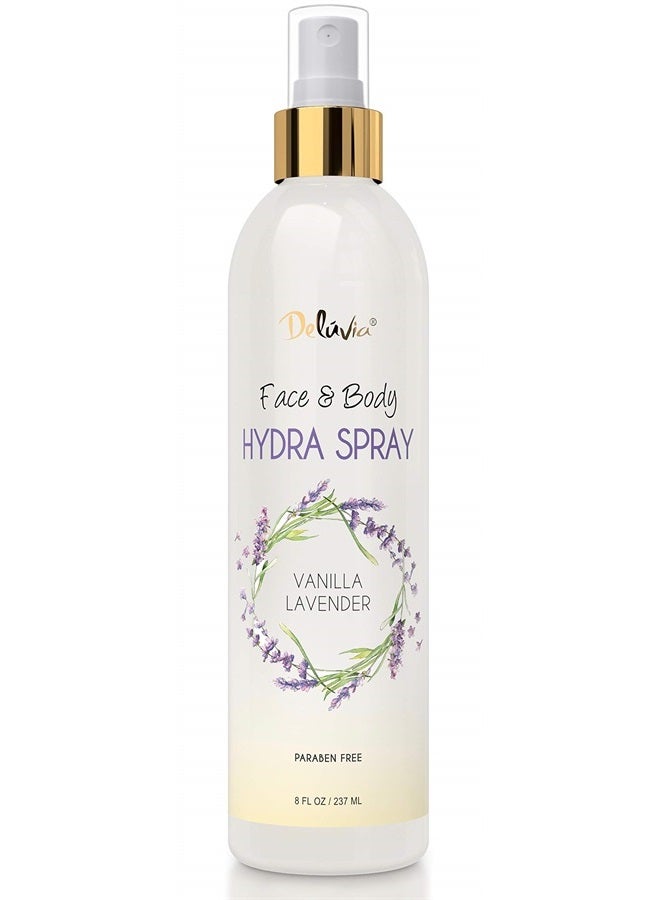 Deluvia Hydra Spray, Moisturizing Body Spray and Face Mist with Essential Oils, Organic Aloe Vera, Dead Sea Salts, Provitamin A, Vitamin C. Alcohol Free, Paraben Free. (Vanilla Lavender)