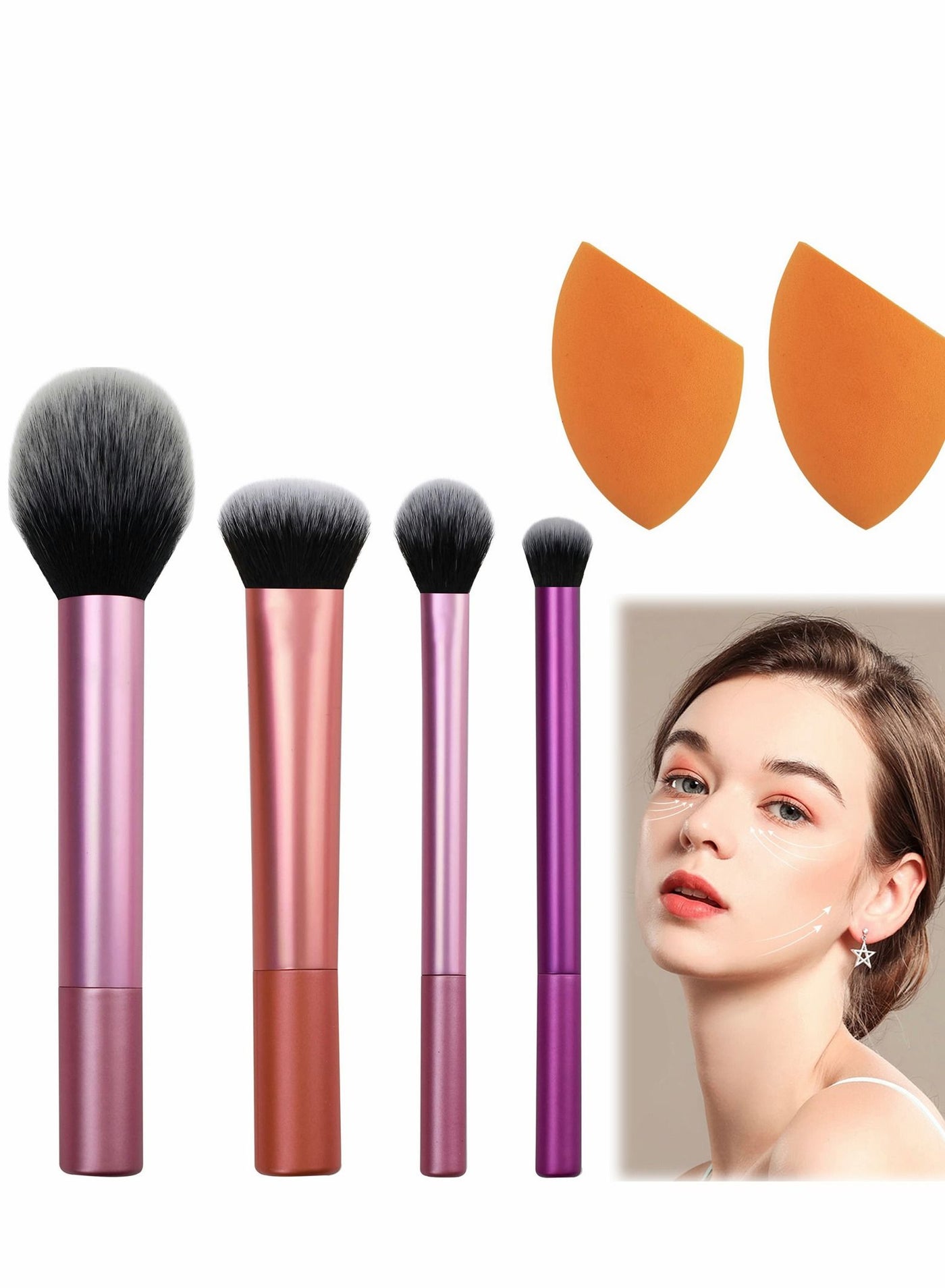 Makeup Brush Set, 4 Pcs Brushes with 2 Sponge Blenders for Eyeshadow, Foundation, Blush, and Concealer