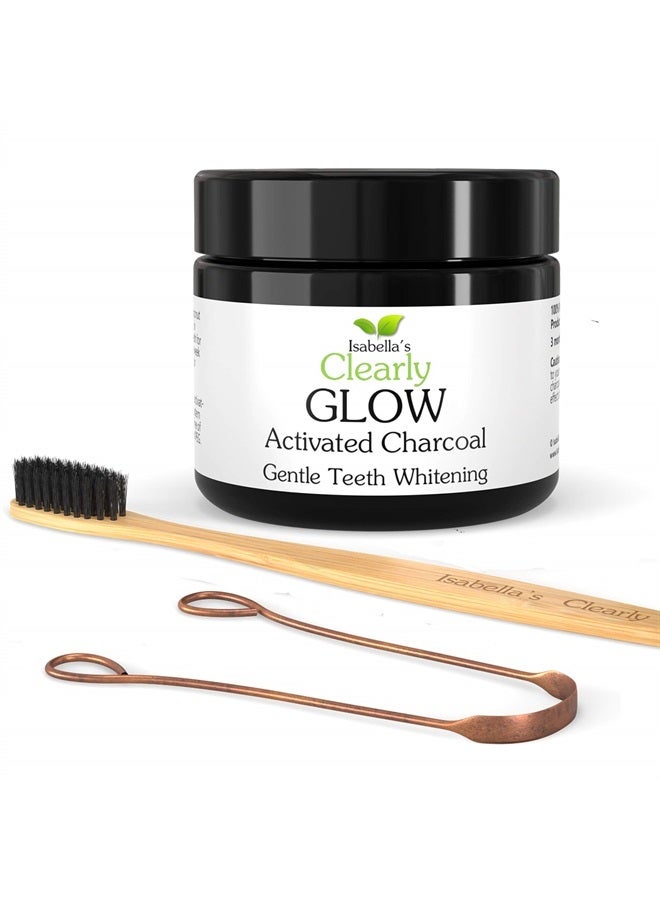 Natural Teeth Whitening Kit (4 Piece) with Glow Food Grade Activated Charcoal Powder + Bamboo Ultra Soft Toothbrush + Copper Tongue Cleaner + Signature Gift Bag