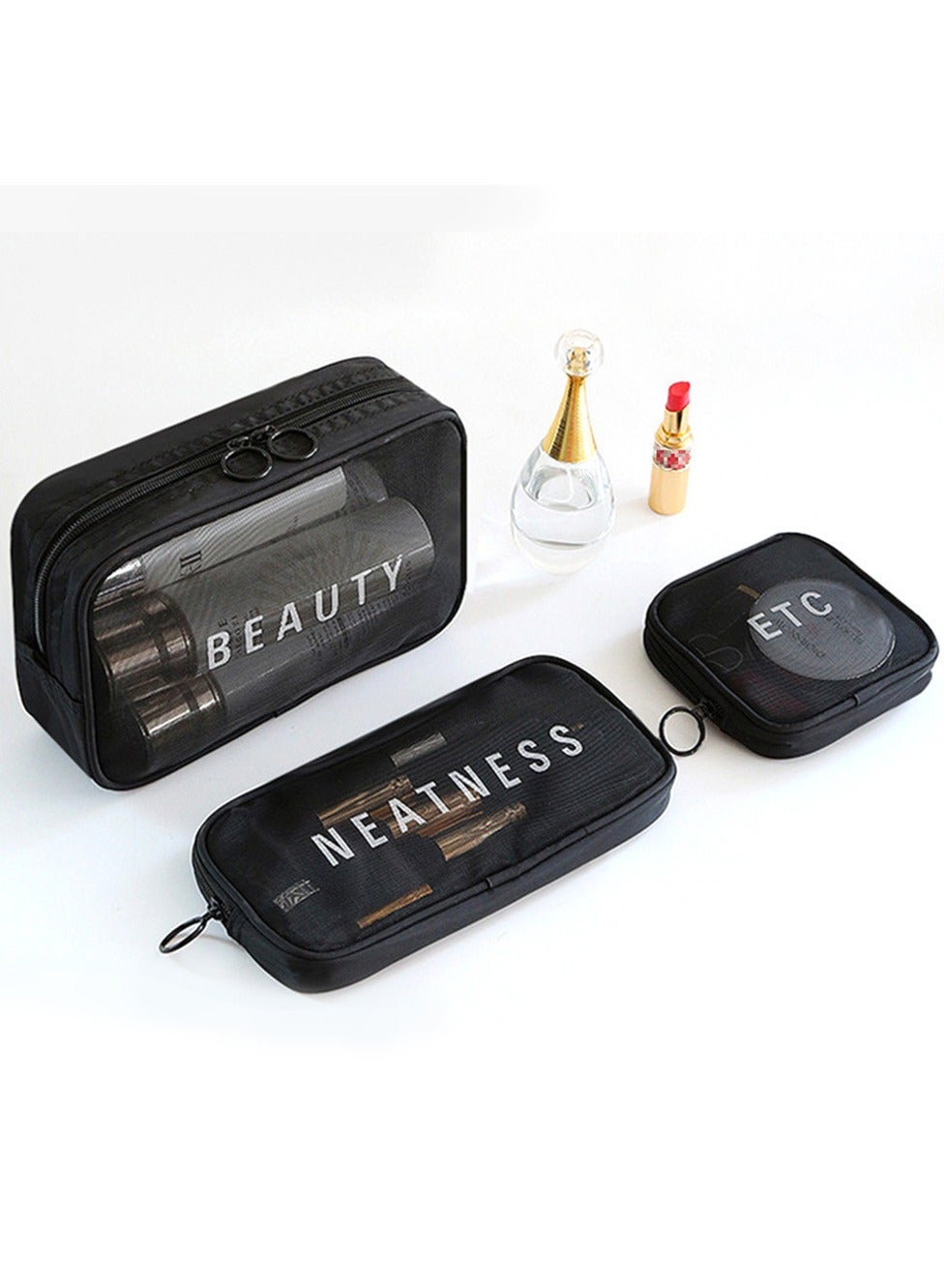 Cosmetic Bag,3 Pcs Toiletry Bag Makeup Bag Travel Bag Set for Toiletries, Portable Toiletry Bags for Traveling Women, Translucent Waterproof Make Up Bag for Travel and Bathroom (Black)