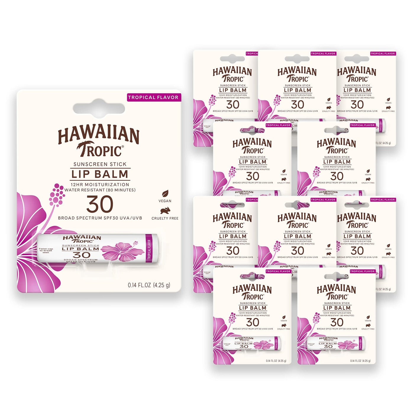 Hawaiian Tropic Tropical Lip Balm SPF 30 | SPF Lip Balm, Beach Essentials, Travel Sunscreen for Lips, Beach Necessities, Summer Essentials, Sunblock for Lips, Sun Protection, 0.14oz (Pack of 10)