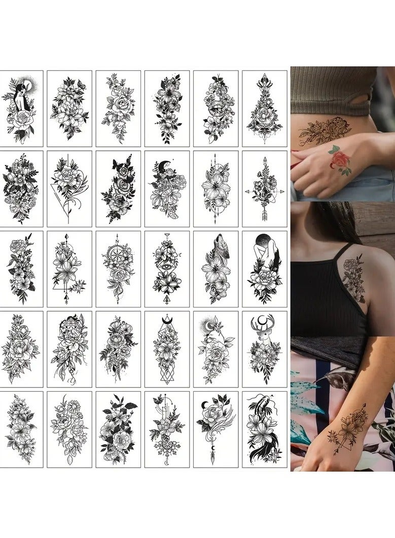 30pcs Waterproof Black Line Drawing Flowers Temporary Tattoo Stickers for Women and Girls Lasts 3-7 Days - Perfect for Body, Arm, and Shoulder Art