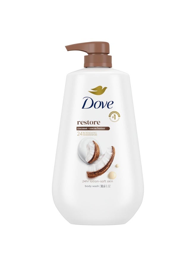 Dove Body Wash with Pump Restore Coconut & Cocoa Butter for 24hr Lotion-Soft Skin Moisturizing Skin Cleanser with No Sulfates No Parabens 30.6 Oz